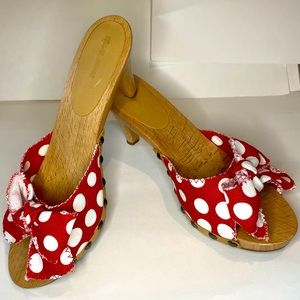 MIU MIU PRADA RED WHITE POLKA DOT SLIDE SANDAL WOODEN HEELS 40
